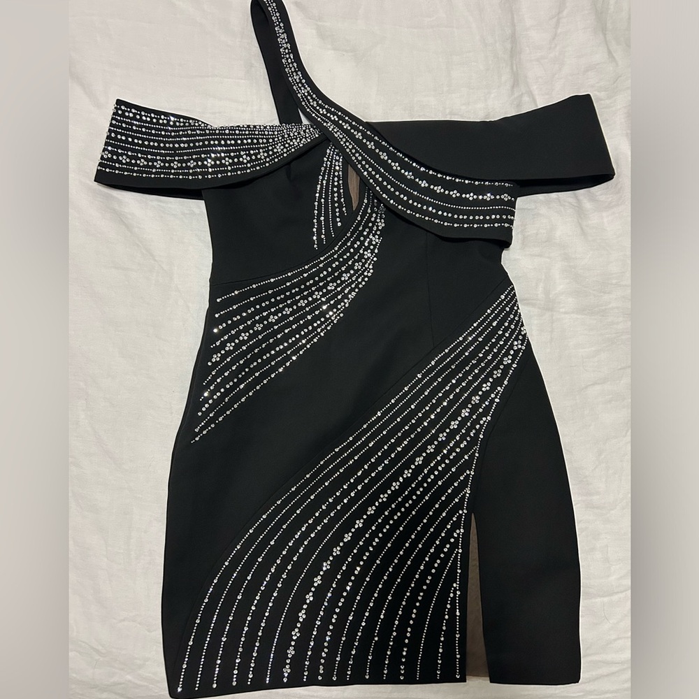 Black One-Shoulder Mini Dress with Silver Crystal Accents - Picture 3 of 4